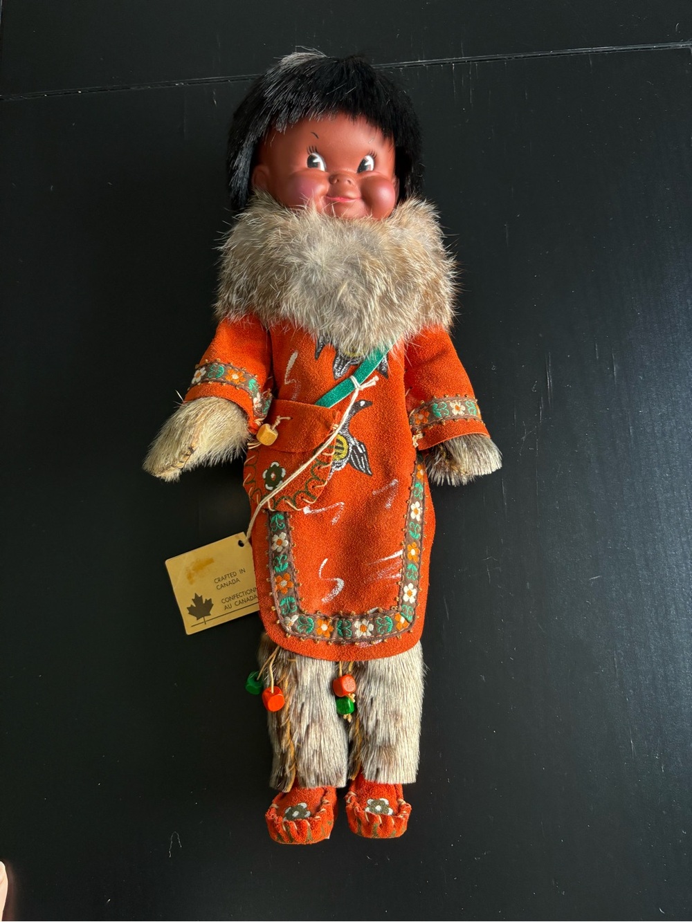 NEW Indian Art Eskimo Vintage Handmade Doll Suede Fur Embroidery Beading